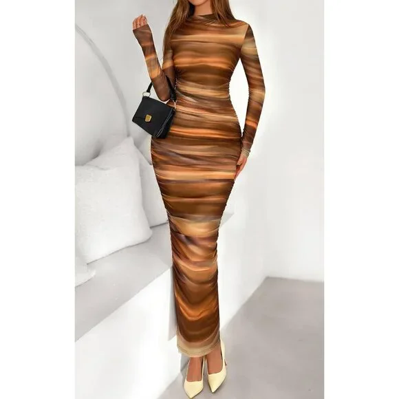 Women's Brown Long Sleeve Spring Ruched Bodycon Floral Mesh Maxi Dress - Picture 3 of 5